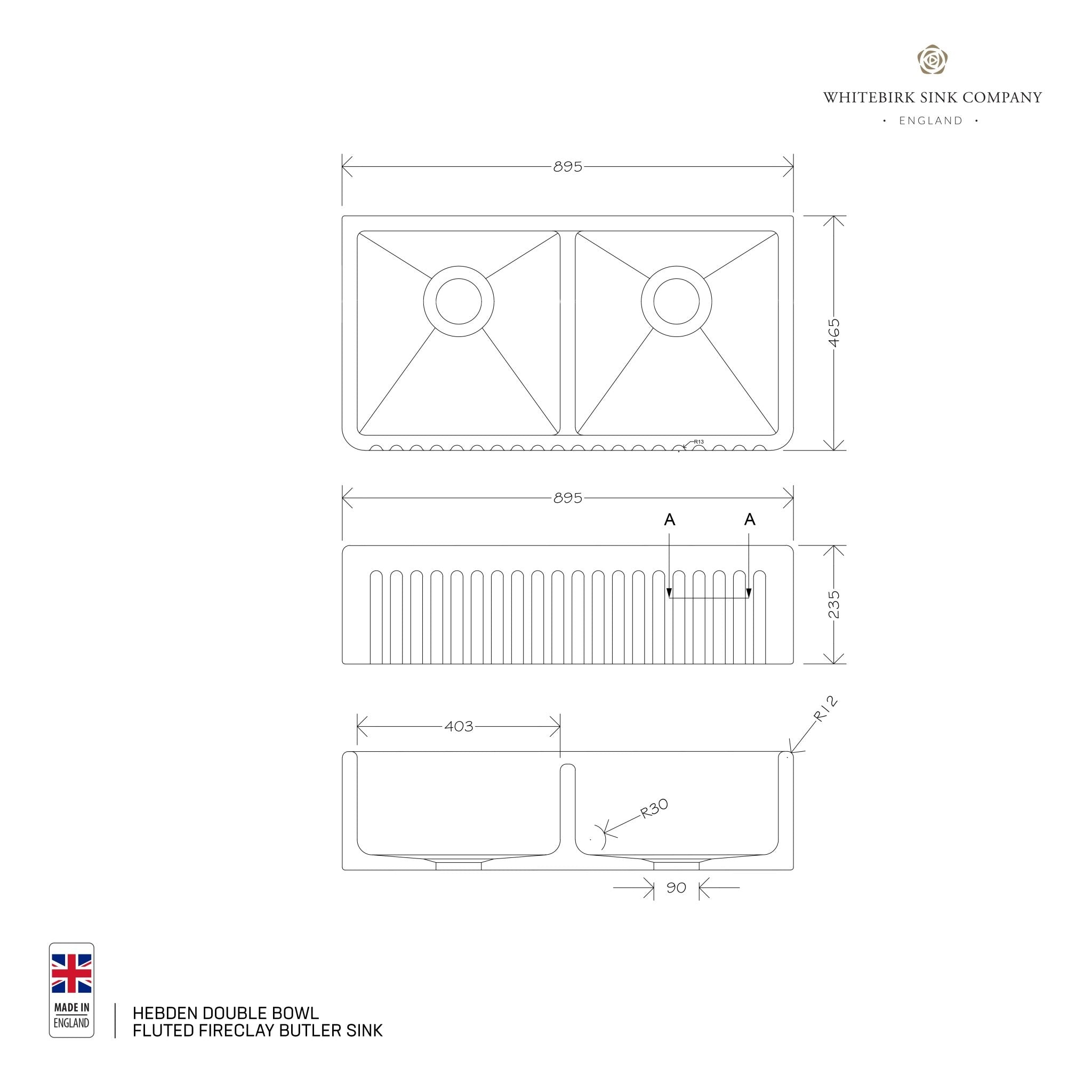 Whitebirk Hebden Double Bowl Fluted Fireclay Butler Sink - Cassini - Sinks, Tapware & Accessories