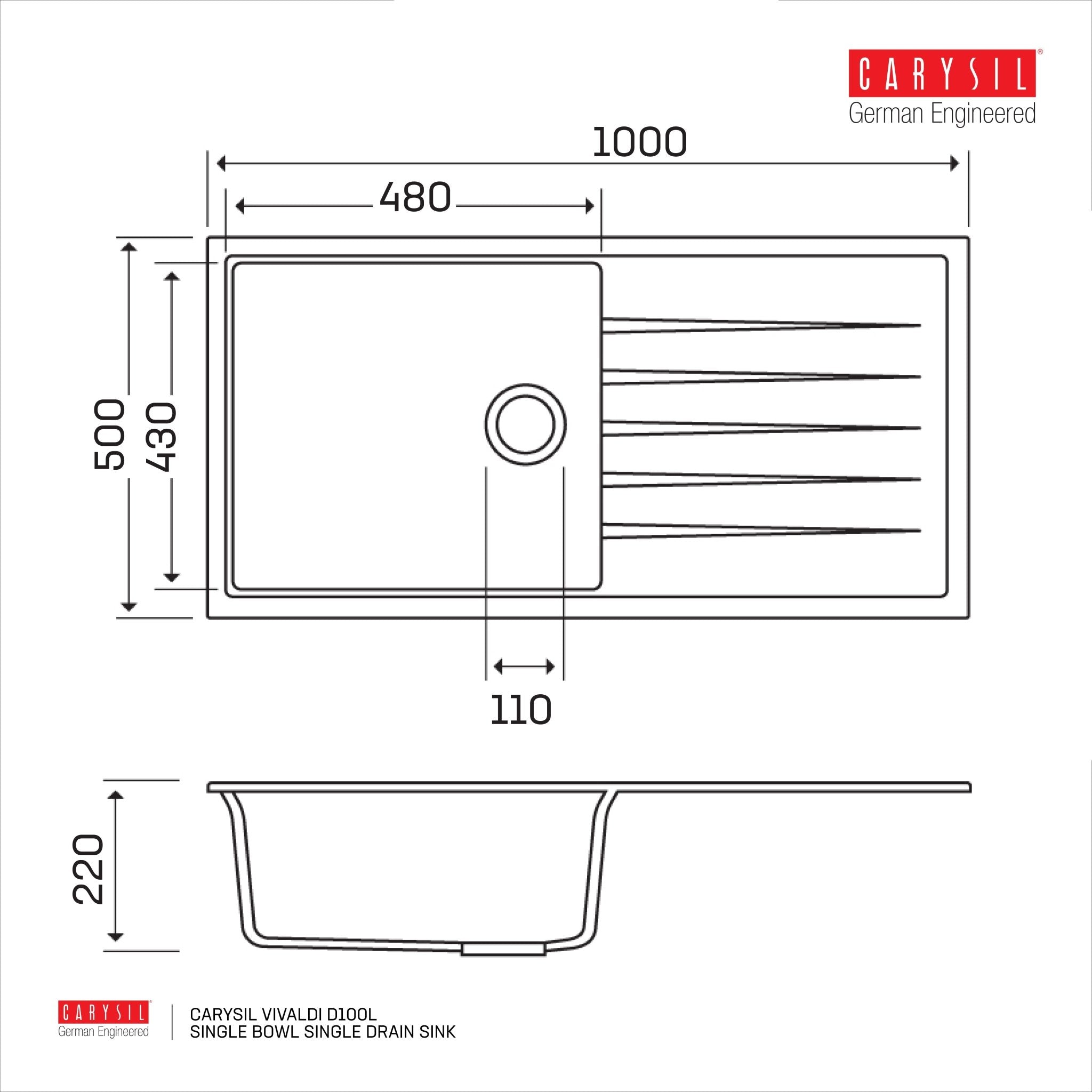 Carysil Vivaldi D100L - Single Bowl Single Drain Sink - Cassini - Sinks, Tapware & Accessories