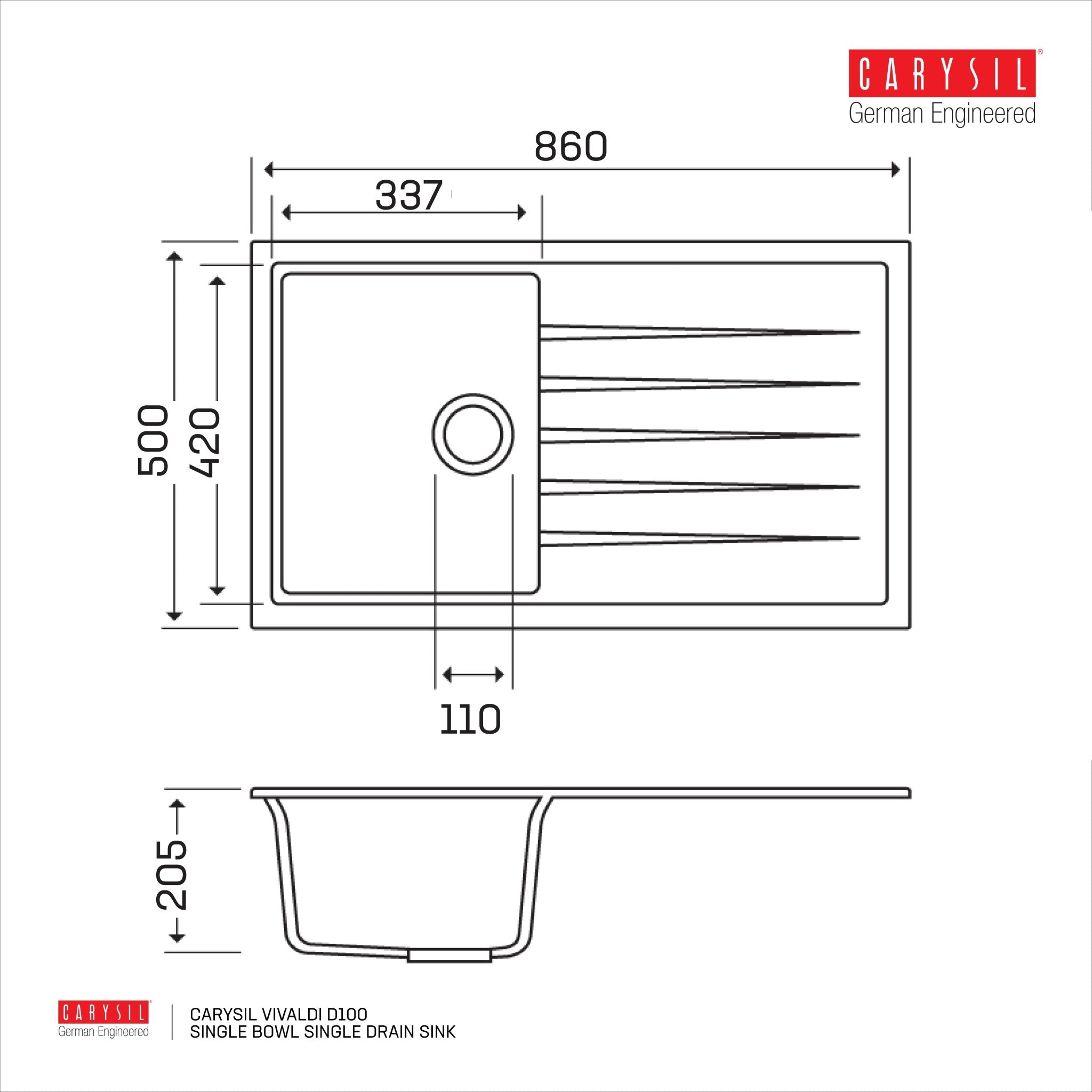 Carysil Vivaldi D100 - Single Bowl Single Drain Sink - Cassini - Sinks, Tapware & Accessories