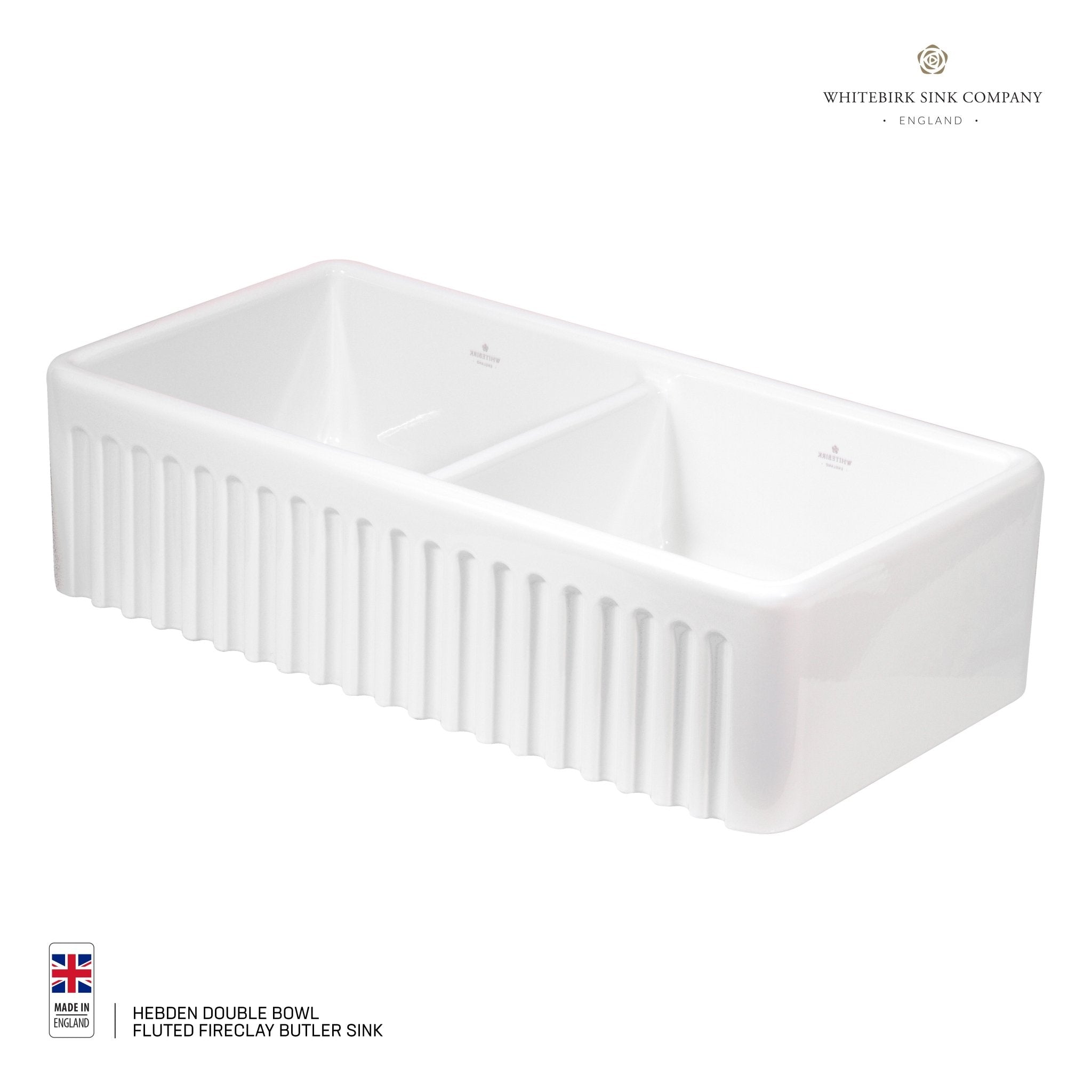 Whitebirk Hebden Double Bowl Fluted Fireclay Butler Sink - Cassini - Sinks, Tapware & Accessories
